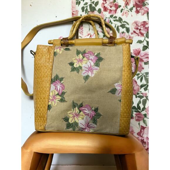 Unbranded Handbags - Unbranded medium sized yellow tropical floral and bamboo purse w shoulder strap